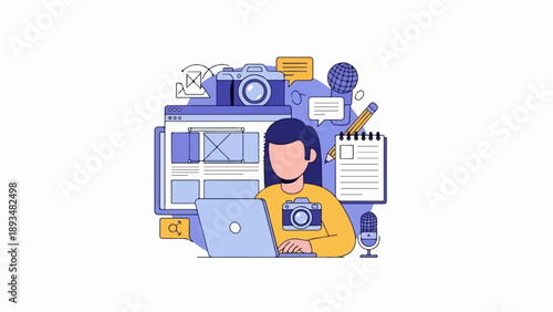 Creative person at laptop with cameras, microphone, notes, and globe