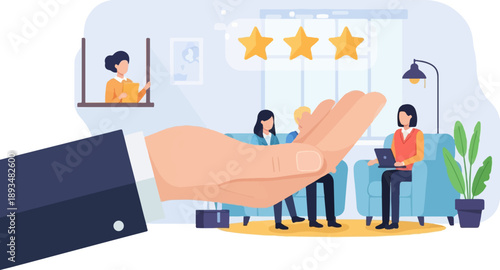 Customers review a service, represented by a hand, with stars indicating rating
