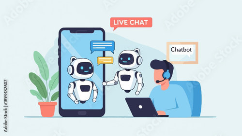Customer service chatbot interaction with human agent and mobile phone