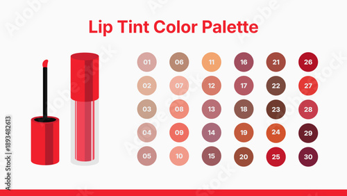 Lip tint color palette chart with cosmetic tube packaging and numbered shade collection