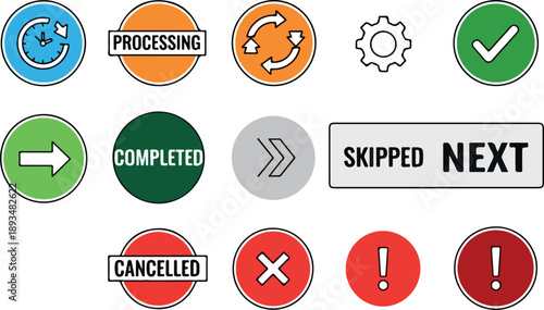 Collection of various icons representing processes, status updates, and actions in a digital interface or workflow