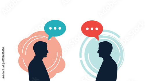 Two male silhouettes facing each other with colorful speech bubbles representing conversation, dialogue, communication, or a business meeting.