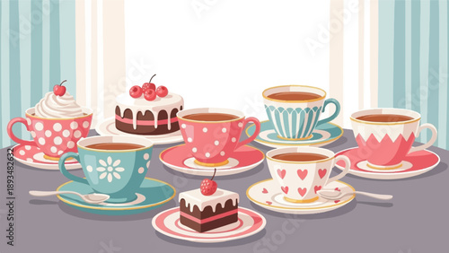 Delightful tea time with assorted cakes and steaming cups of rich beverages