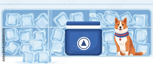 Cute dog sitting in front of a refrigerator filled with ice cubes and a blue container