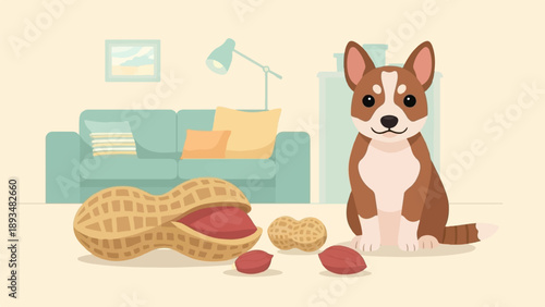 Cute dog sitting near peanuts in a living room with a sofa