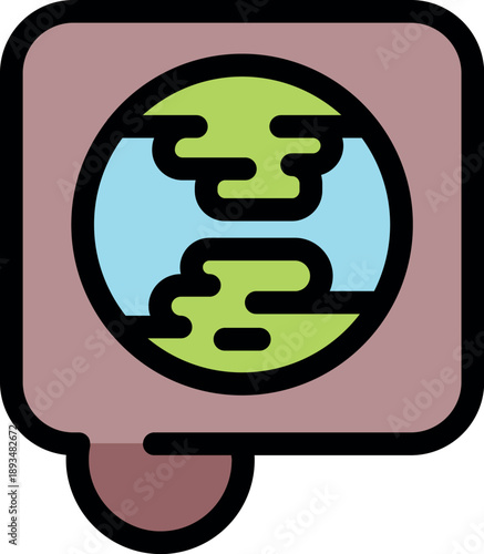 Cartoon earth with continents and oceans inside a speech bubble promoting environmental awareness and global communication