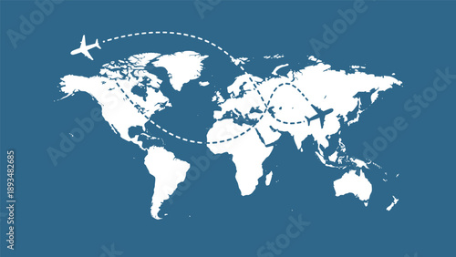 World map silhouette on a blue background featuring two airplane flight paths across different continents representing global travel and logistics.