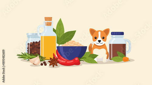 Cute dog with various cooking ingredients and spices
