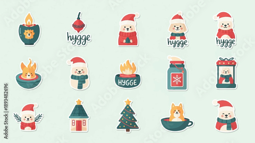 Cute dogs in festive outfits and winter elements