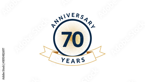 Circular emblem celebrating seventy years of anniversary with golden rays and a ribbon banner on a clean white background.