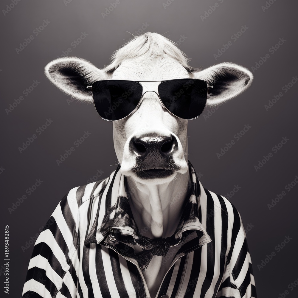 Obraz premium Funny cow in sunglasses and zebra striped jacket for social media avatar, meme, or costume party. Animal humanization concept.
