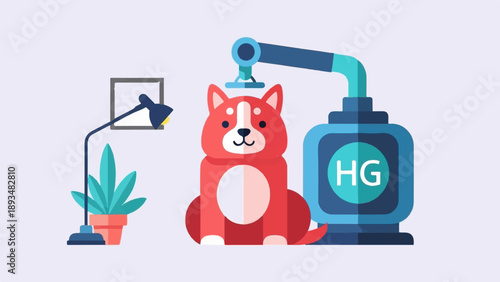 Cute cartoon dog sitting near a lamp and plant, with dispenser