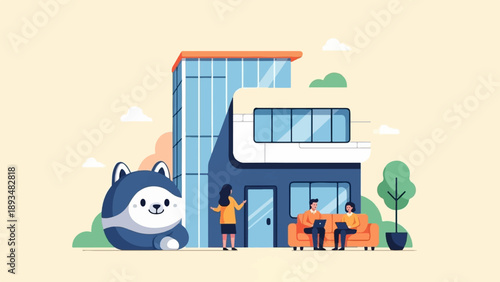 Cute cartoon dog sits by modern building with people working inside and outside