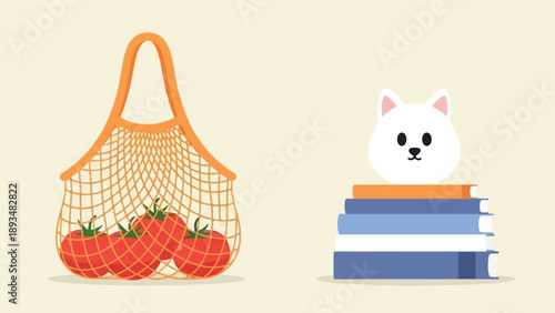 Cute white dog sits atop a stack of books next to a net bag with tomatoes