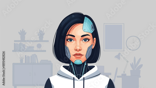 Cybernetic woman with human features in an office setting