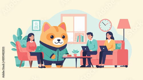 Cute cartoon dog supervises people working on laptops in a cozy room