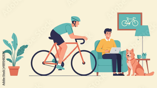 Cyclist rides past person working on laptop with dog