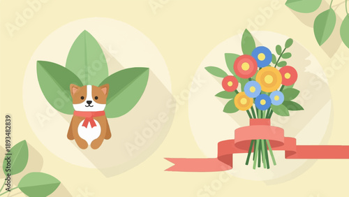 Cute cartoon dog with scarf and colorful flower bouquet on pastel background