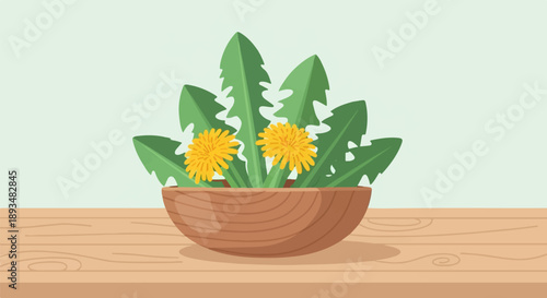 Dandelion flowers in a wooden bowl on a wooden table