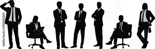 Business men silhouette illustration set featuring professional male executives standing and sitting in formal office poses for corporate leadership management teamwork concepts