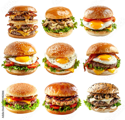 Different types of Burger and Cheeseburger isolated on transparent white background.