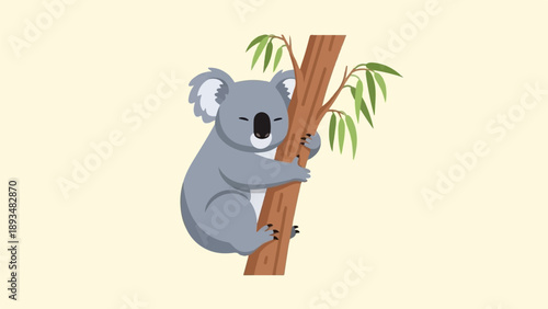 Cute cartoon koala hugging a tree trunk with green leaves