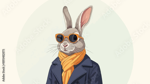 Dapper rabbit in a trench coat and sunglasses, sporting an orange scarf