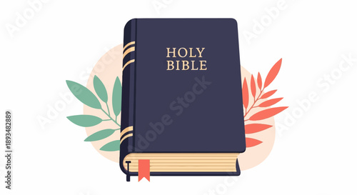 Dark blue closed book with gold lettering and bookmark, surrounded by leaves