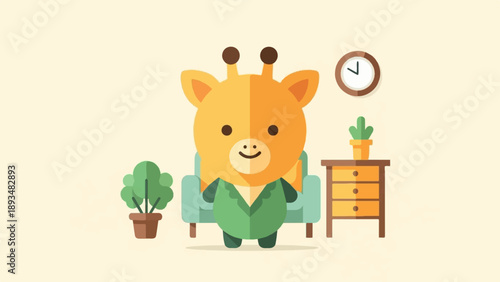 Cute cartoon giraffe sits in a chair in a room with plants and furniture