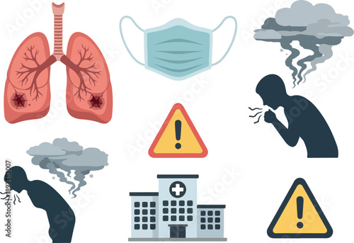 Health risks of air pollution explained with icons of lungs, face mask, hospital, and coughing individuals, with warning signs