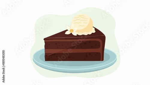 Decadent chocolate cake slice with vanilla ice cream and edible flower