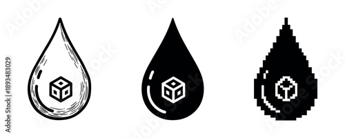 Water droplet icons with cube symbols in three artistic styles