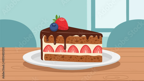 Decadent slice of chocolate cake with cream, strawberries, and blueberry