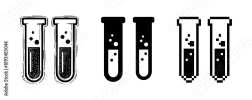 Stylized black and white test tubes in various artistic designs