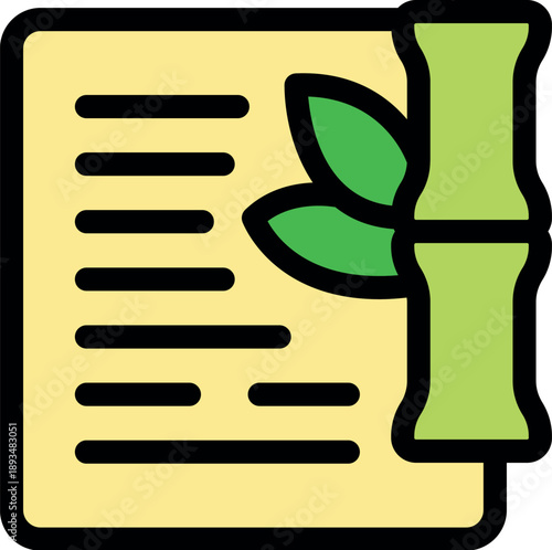 Bamboo and leaves symbolize sustainable approach, enhancing paper sheet, promoting eco conscious message