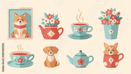 Cute corgi in a window, teapots, cups, and flower arrangements