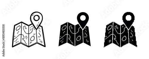 Set of map icons with location pins in different styles: outline, solid, pixel art