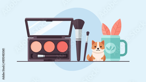 Cute corgi, makeup, and plant in a mug on a shelf