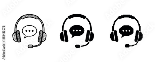 Evolution of call center icons: sketch, modern, and pixel art headsets with chat bubbles