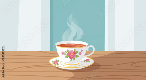 Delicate floral teacup with steaming hot beverage on wooden surface