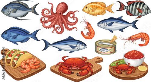 Colorful seafood and ocean creatures with prepared dishes fish octopus shrimp