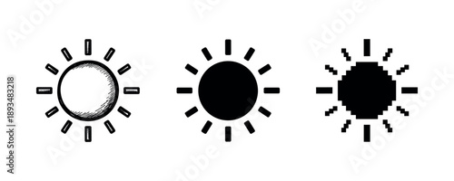 Collection of three sun icons in different styles: sketched, solid, pixelated