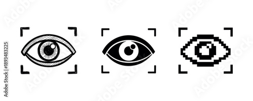 Artistic eye icons: hand-drawn, minimalist, pixelated designs in black and white