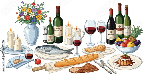 Colorful still life of wine bottles glasses bread fish cake fruit and flowers on table with candles