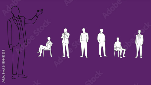 Business people silhouette and line art illustration showing standing seated and presenting poses for corporate communication leadership presentation teamwork and modern workplace design concepts
