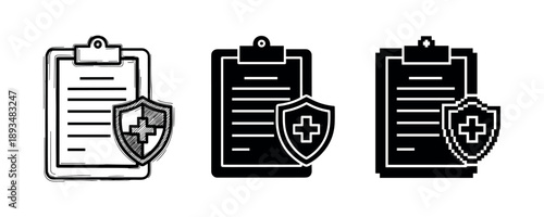 Medical insurance icon set: shield and clipboard variations in black and white