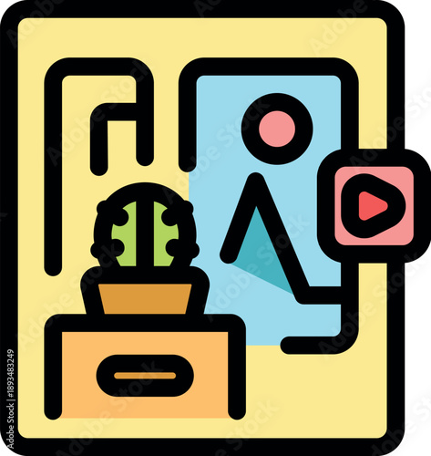 Online gallery is showing a landscape painting with play button, cactus and cabinet