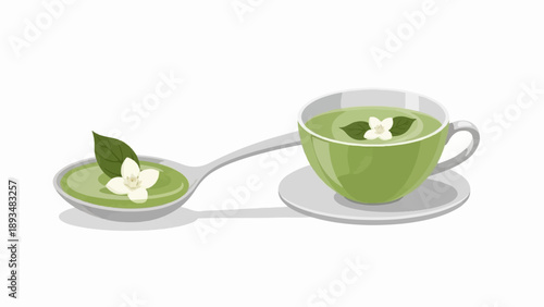 Delicate green tea in a cup and spoon with flower and leaf