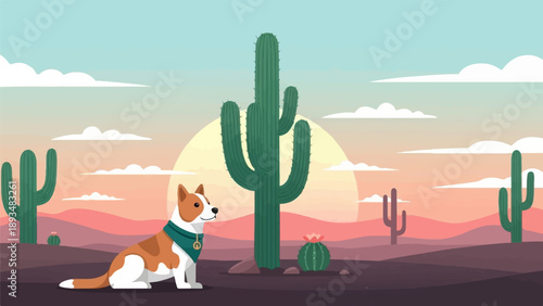 Cute dog in a desert landscape with cacti and a setting sun