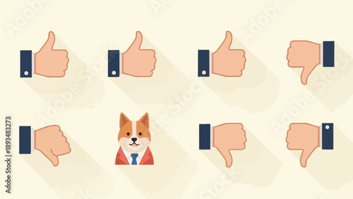 Cute dog in suit surrounded by thumbs up and down icons
